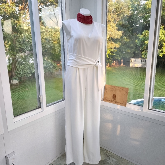 Emma & Michelle White Wide Leg Tie Waist Sleeveless V-Neck Jumpsuit Size 16 - Picture 13 of 16